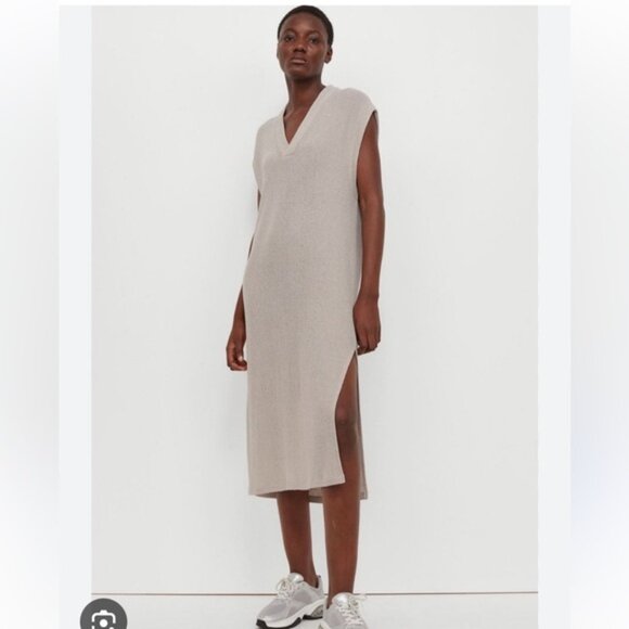 H&M Beige Knit Loose Fit Sleeveless Midi Dress V-Neck Semi Sheer Beige - Picture 1 of 10